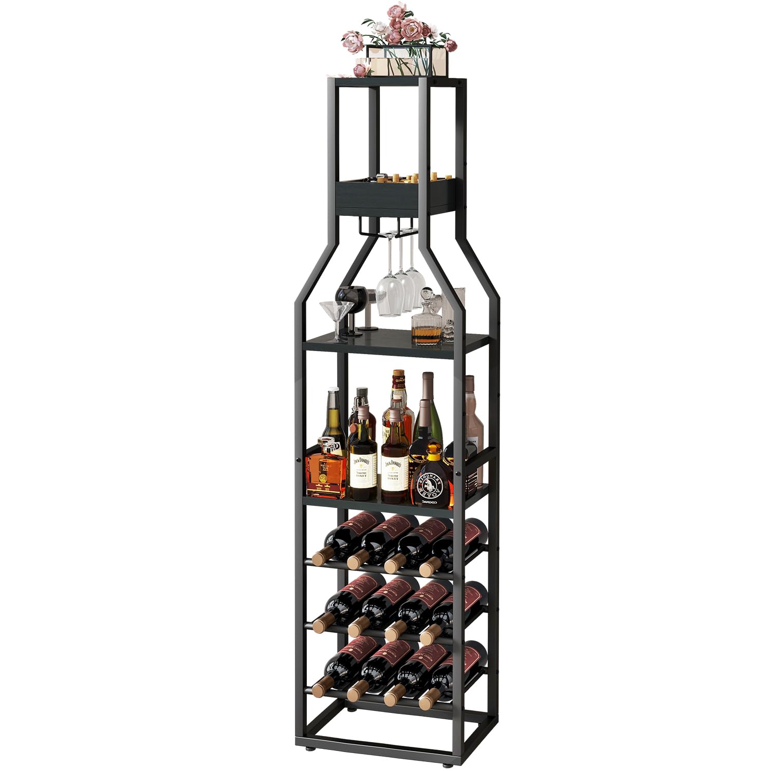 IBUYKE 5-Tier Wine Rack Freestanding Floor,Mini Bar Cabinet for Home,Modern Wooden liquor Stand Wine Glass Holder,Wine Bottle Display Holder for Living Room,Kitchen,Dining Room,Rustic Brown TMJ916B