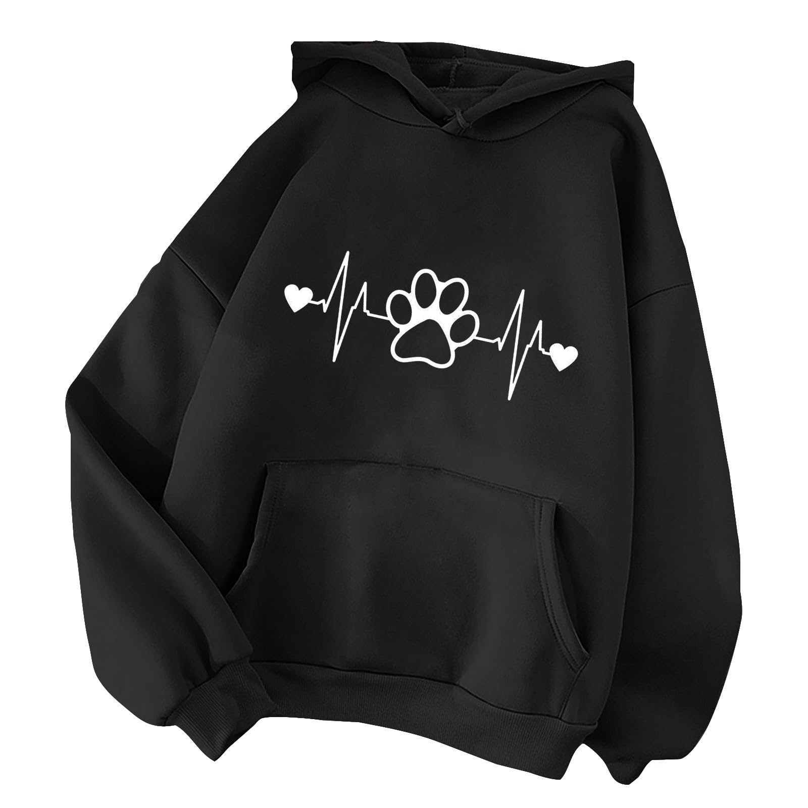 Hoodie Damen EKG Hundepfote Druck Kapuzenpullover Modische Sweatshirt Mit Kapuze Locker Langarm Kapuzenpulli Frühling Sommer Hoody Oberteile Lässig Langarmshirt Pullover Longsleeve Basic Tops