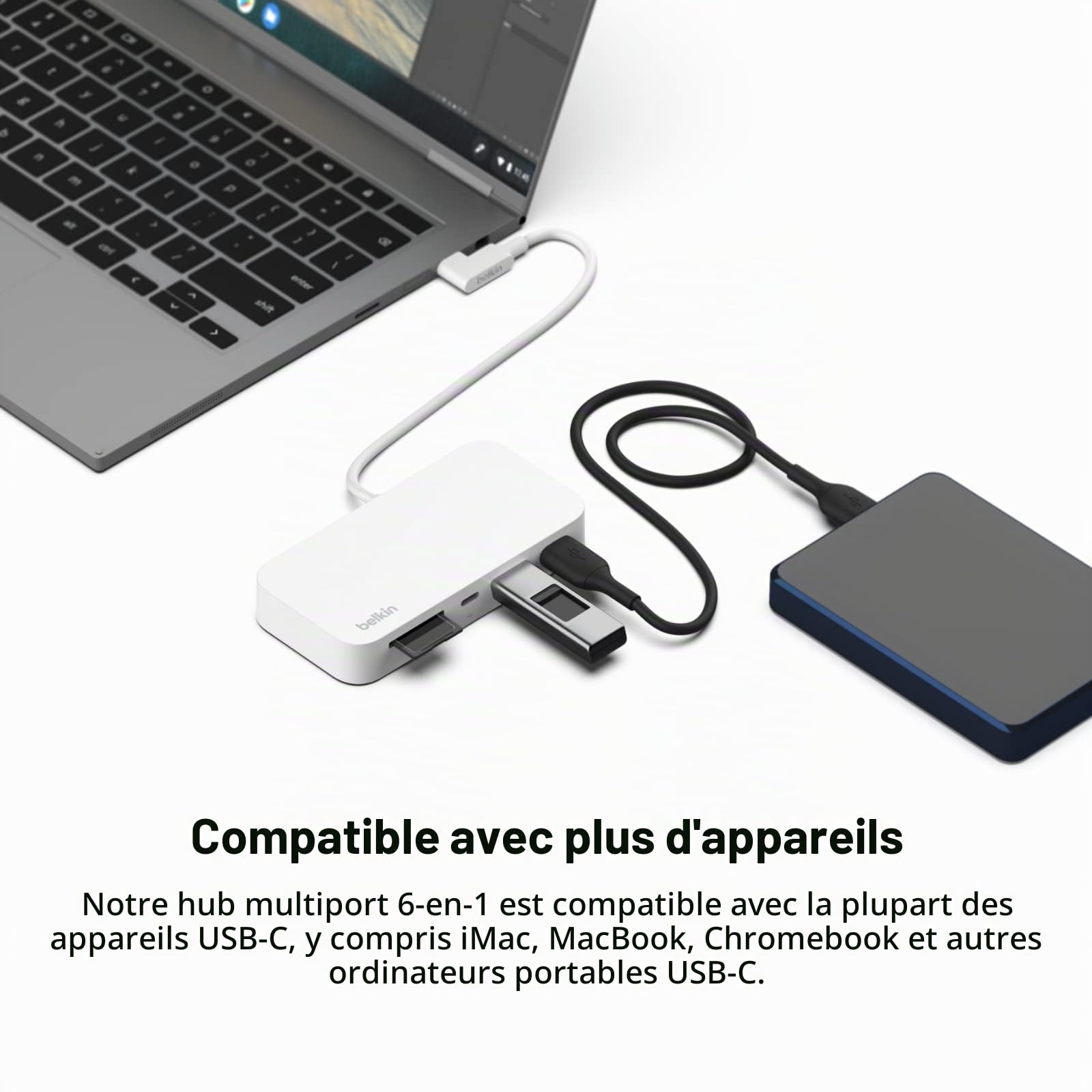 Belkin Hub 6-en-1 USB-C (iMac 24", Station d'accueil avec Lecteur de Carte SD et Micro SD, Port Gigabit Ethernet, 2 Ports USB-A, 1 Port USB C, Transfert de données Rapide) INC011btWH Blanc