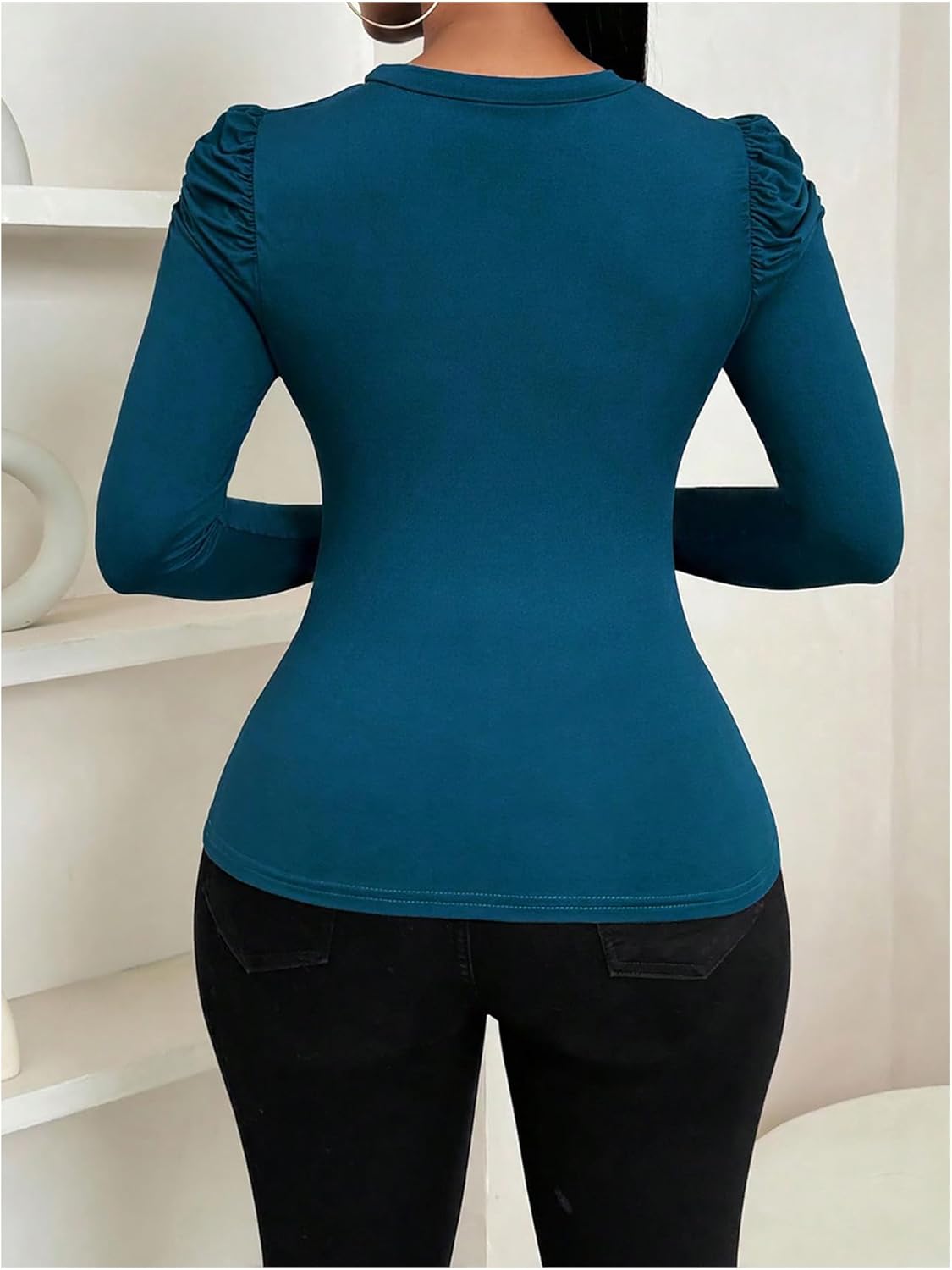 SOLY HUX Women's Puff Long Sleeve T Shirt Crewneck Slim Fit Tee Going Out Trendy Fall Tops - Image 2