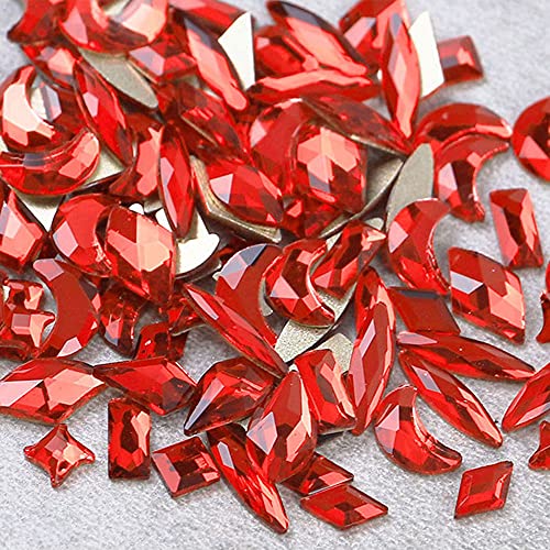 Mixed Shape 100pcs Red Crystal Nail Art Rhinestones Flatback Strass Shiny Glass Nail Stones Gems Glitter Diamond For 3D Nails DIY Craft Manicure Decorations Accessories (Red)