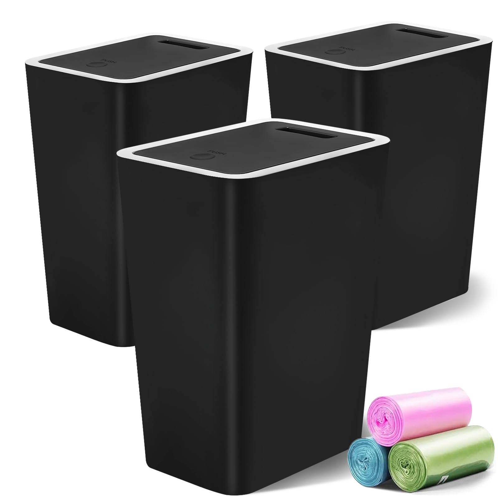 Photo 1 of Lysam Small Trash Can, 3 Pack 4 Gallons Bathroom Garbage Can with Lid Press-Top, Small Waste Basket with Trash Bags, Slim Plastic Garbage Bin for Dorm, Office, Bedroom, Kitchen, Living Room ? Black ?
