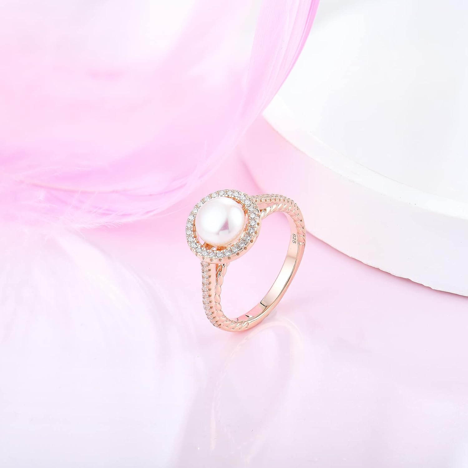 Pearl Ring for Women 925 Sterling Silver Women's Ring Cubic Zirconia Band Engagement Anniversary Statement Promise Ring for Her 7mm Freshwater Pearl Size5-10