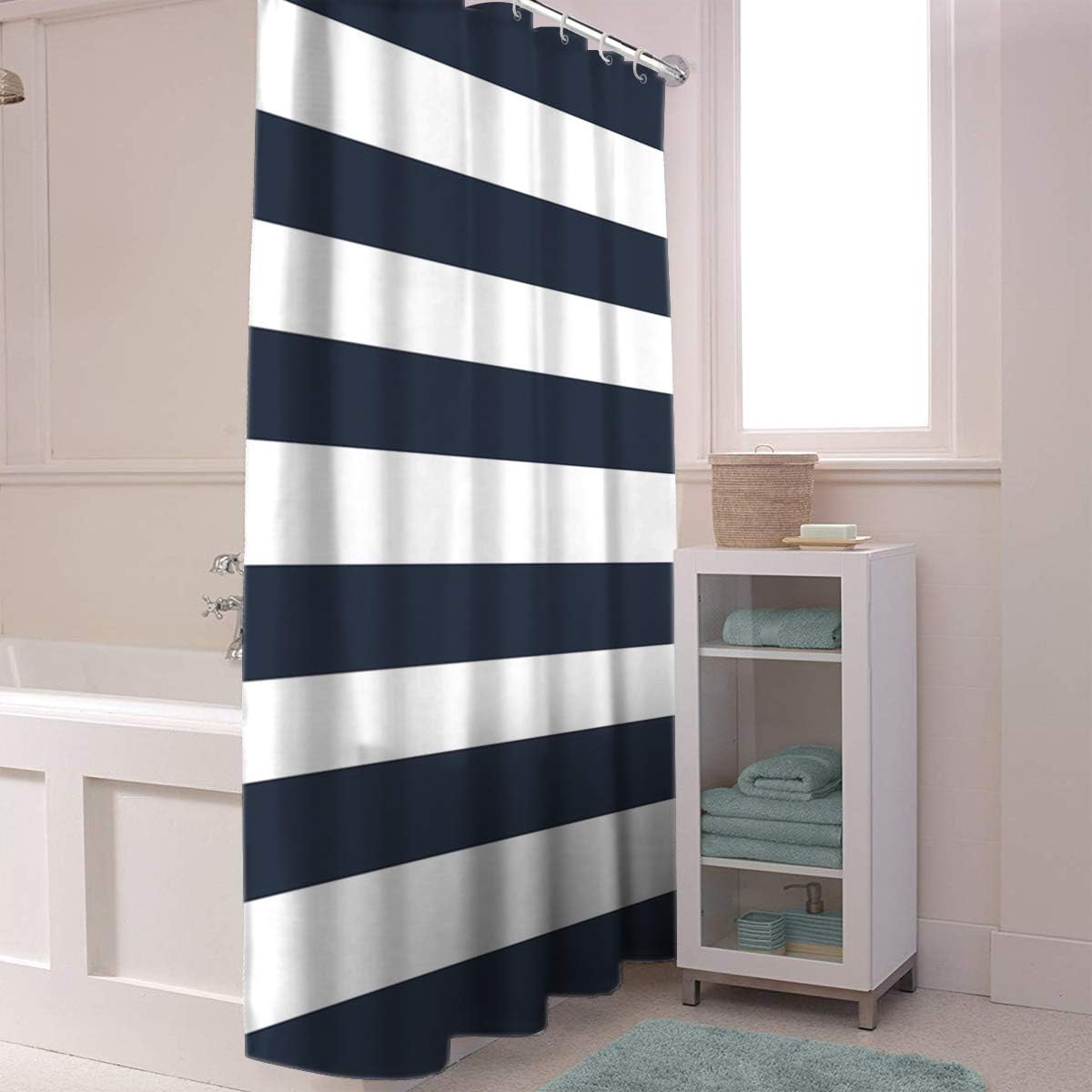 Fabric Shower Curtain: Nautical Stripe Design (Navy and White) 60x72inch
