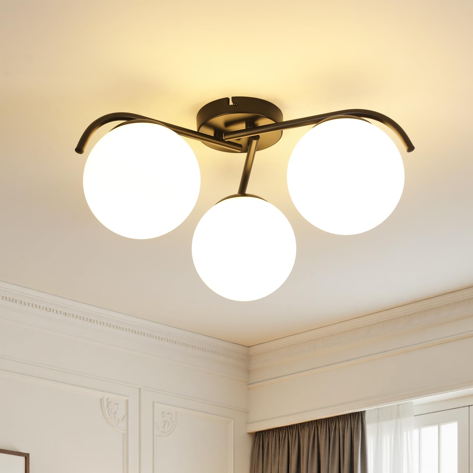 Lampada da Soffitto E27, Moderna Plafoniera da Soffitto a 3 Luci in Metallo/Vetro, Nero Lampadario Circolare in Vetro per soggiorno, corridoio, camera, cucina (senza lampadine)