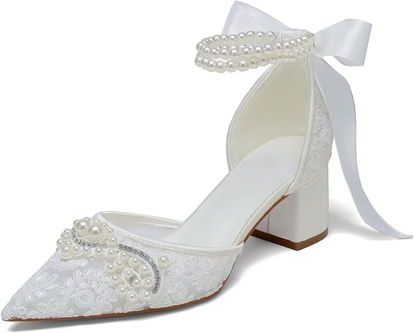 Block Heel Wedding Shoes for Bride Pointed Toe Lace Pearl Bridal Heels
