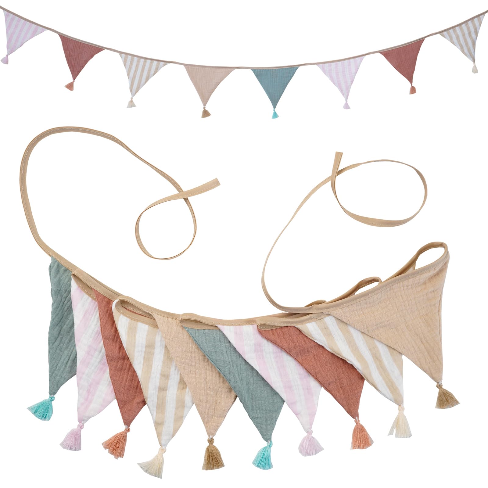 G2PLUS Muslin Fabric Bunting with Tassel: 10PCS Double Sided Cotton Garland, 2.6m Nursery Fabric Triangle Banner for Nursery, Bedroom, Baby Shower, Brithday Party Decoration, Beige Light Brown — image 1