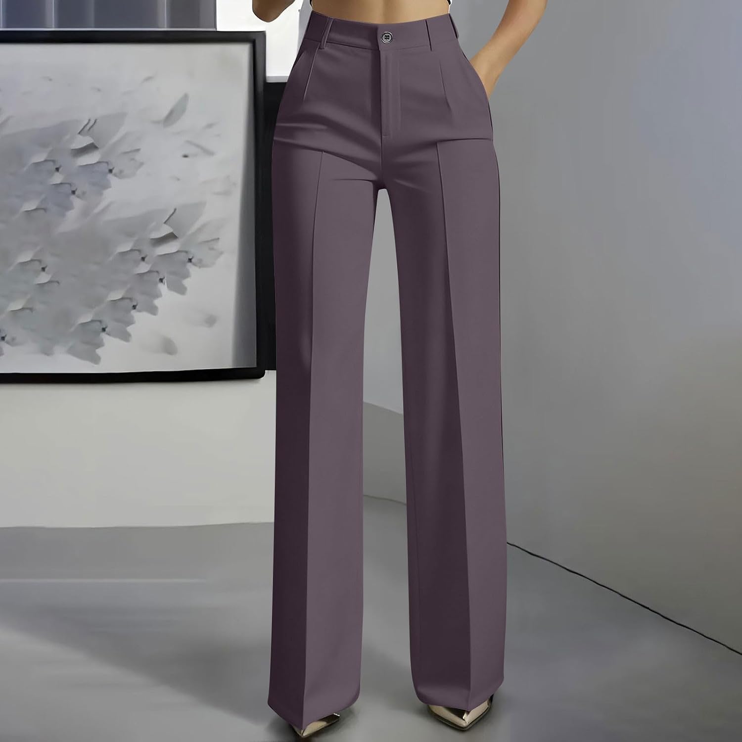 Womens Wide Leg Dress Pants Business Casual Petite Work Slacks High Waisted Stretchy Button Straight Leg Trousers
