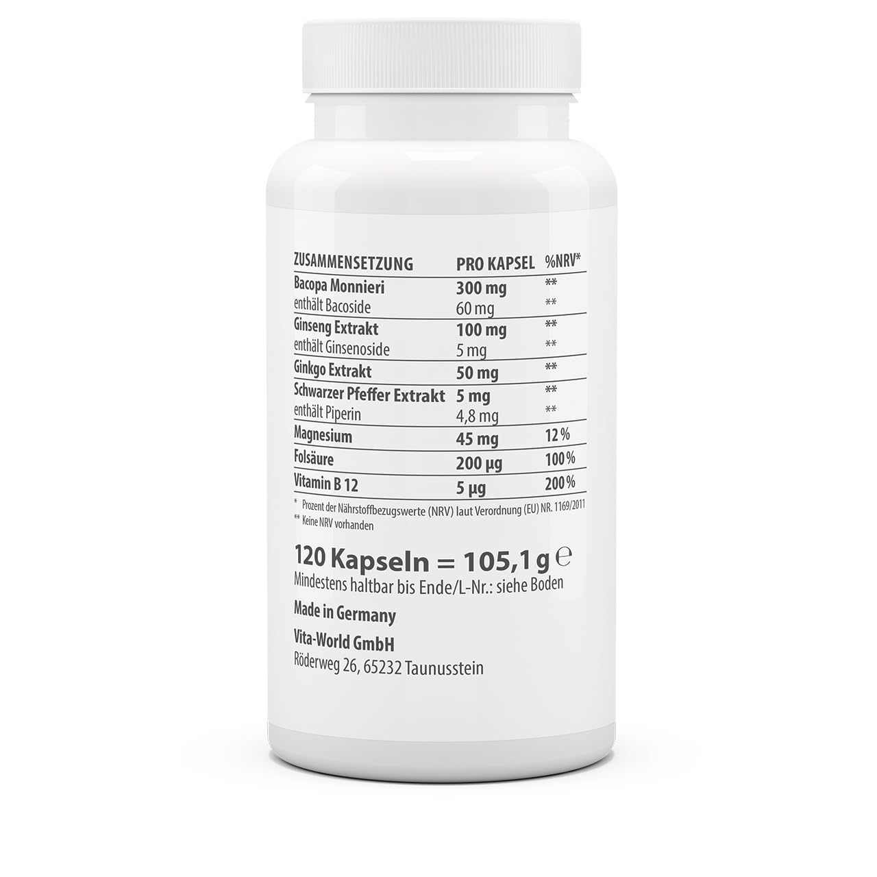 vitaworld Fokus Komplex – 120 vegane Kapseln mit Bacopa Monnieri, Ginseng, Ginkgo - Magnesium, Folsäure & Vitamin B12 unterstützen Konzentration, Energie & mentale Balance