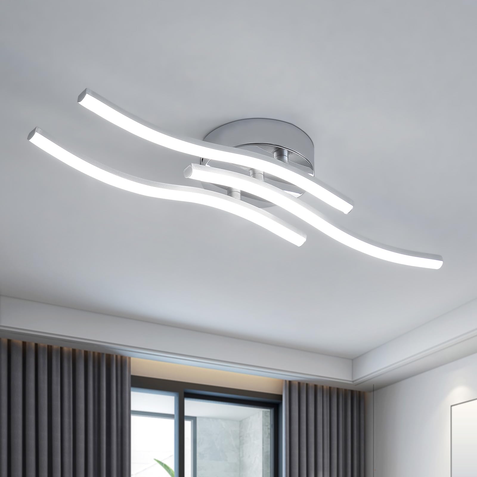 Dorlink Plafoniera LED Soffitto Moderna, 18W 1620LM Lampadario LED Camera da Letto, 6500K Bianco Freddo Lampadari LED Cucina, 3 Luci Plafoniera Onde Curve Argento, Lampadario Soggiorno, Ø60CM