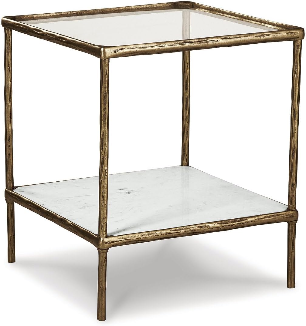 Ryandale Square Accent Table for Living Room, Sand‑Casted Aluminum Frame With Brass Finish, Glass Top and White Marble Shelf, 21" Size