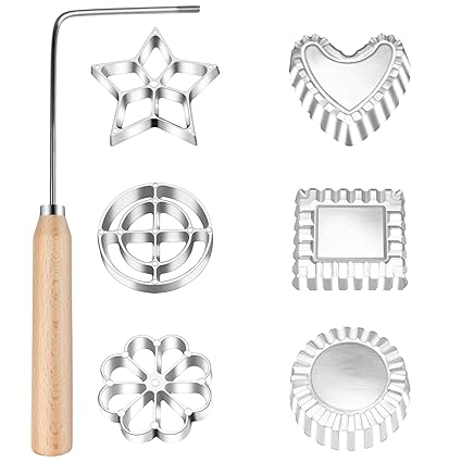 5PCS Bunuelos Mold Set Cake Snack Mold with Wooden Handles,Rosette Maker Cookie Bunuelos Tool Including Stars Flowers Hearts Circles Mold (7PCS Mold Set)