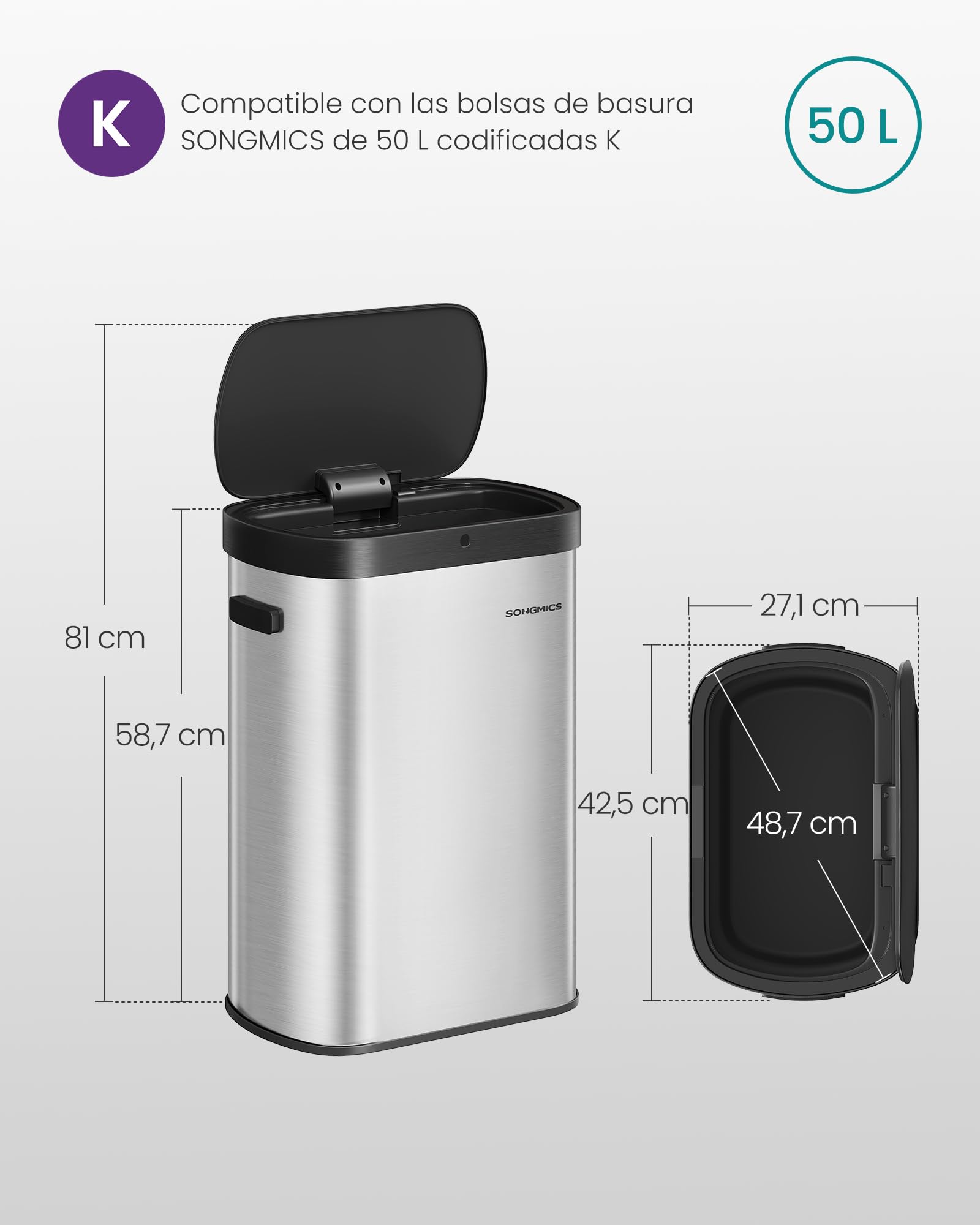 SONGMICS Cubo de Basura de Cocina con Sensor de Movimiento, Papelera Automática de 50 L, Tapa de Cierre Suave, Acero, Incluye 15 Bolsas, Plata Metálica y Negro Tinta LTB640E01