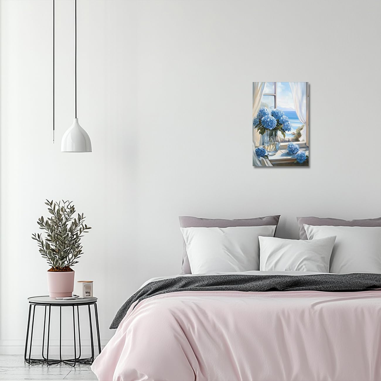 ZQQART Stampa artistica su tela con ortensia rustica, stampa floreale con fiori costieri, pianta botanica, decorazione da parete per il bagno, con cornice (blu, 40,6 x 61 cm)