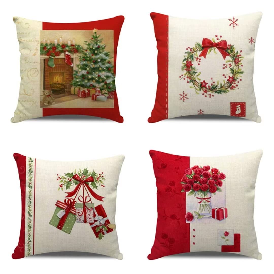 Housse de coussin Noël 40x40cm lot de 4 taies en lin carré salon CH-2602