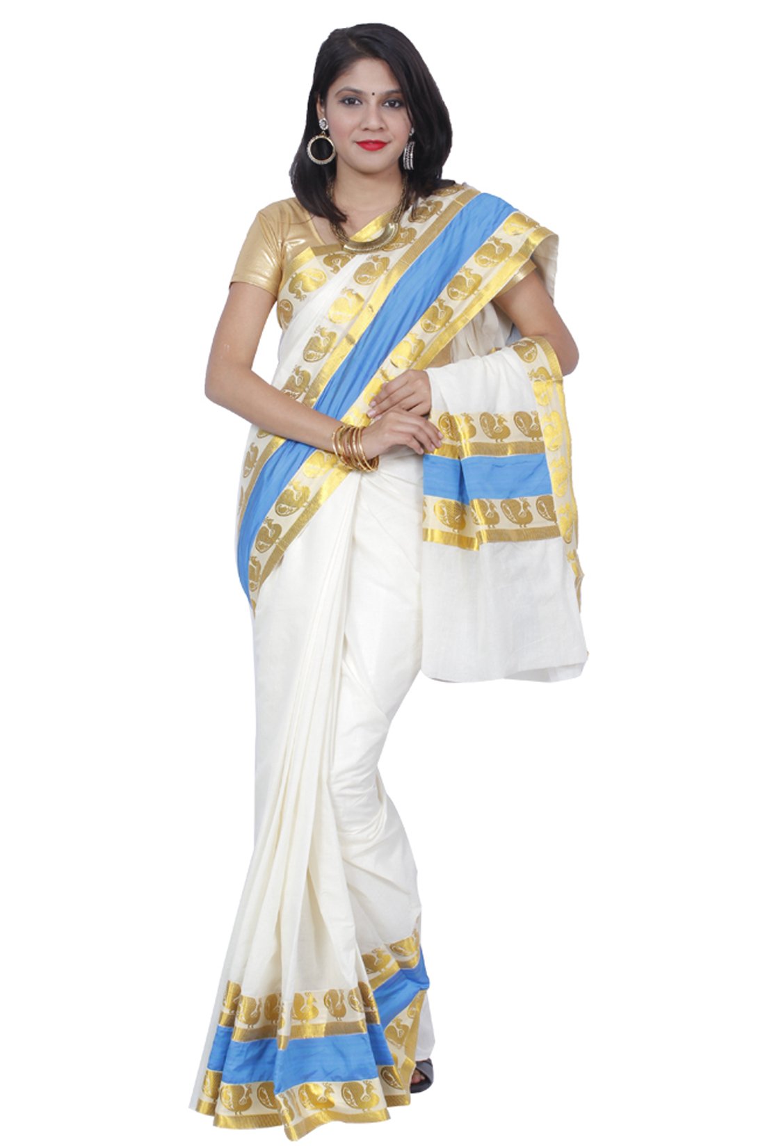 fashionkiosks Brighty Pure White Colour Kerala Cotton Kasavu Sky Blue and Gold Peacock Lace Brocade Work Pallu Saree with Blouse