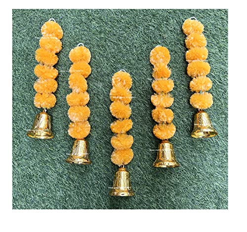 SPHINX Artificial Marigold Fluffy Flowers and Golden/Silver Hanging Bells Short Garlands/torans/wall hangings/latkans for Decoration Approx 1.2 ft- (Light Orange, 2 Pieces)