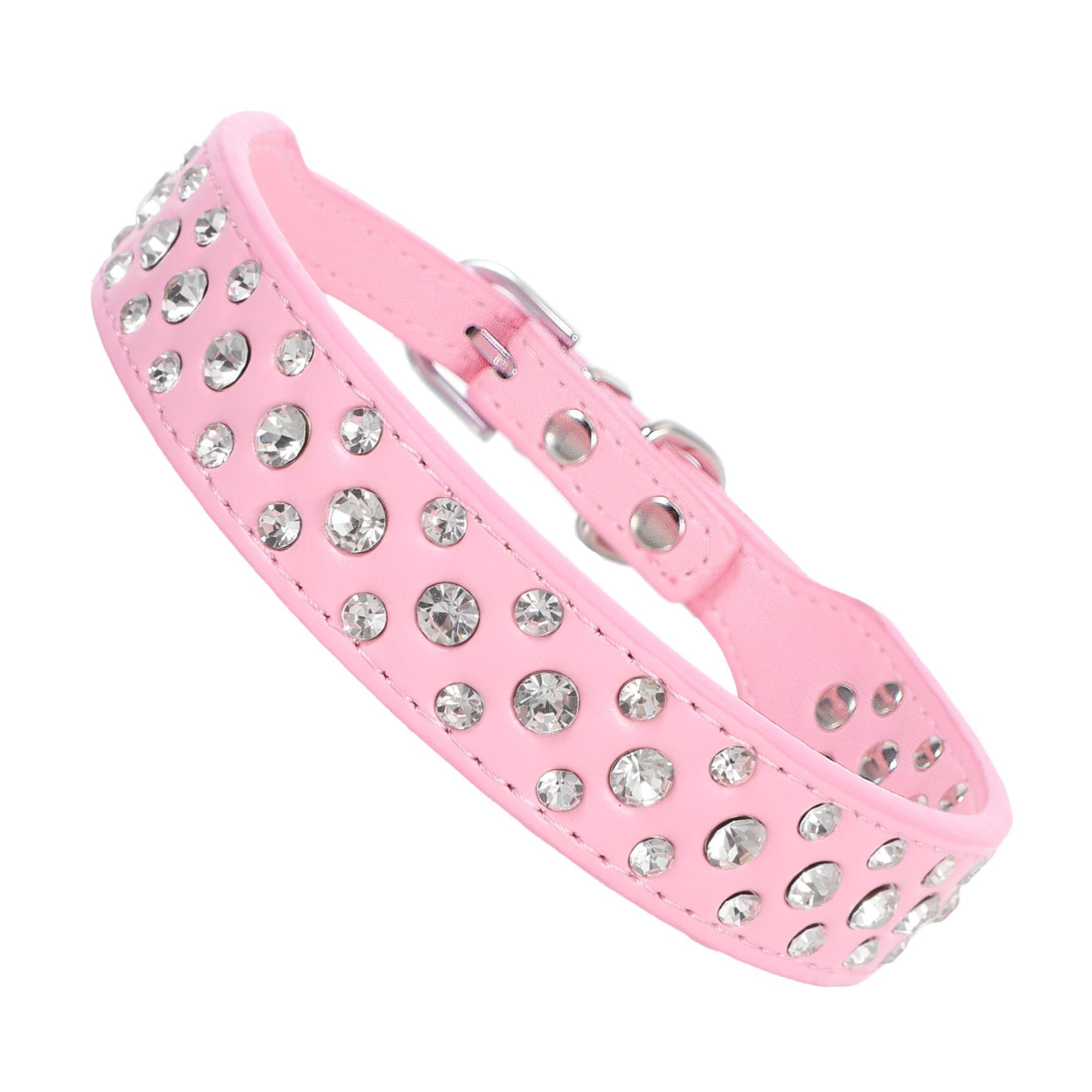 KOMBIUDA Collar Ajustable para Perros Pequeños y Medianos con Triple de Brillantes Rhinestones Diseño Ligero y Cómodo Correa de PU Rosa para Cachorros y Gatos Talla