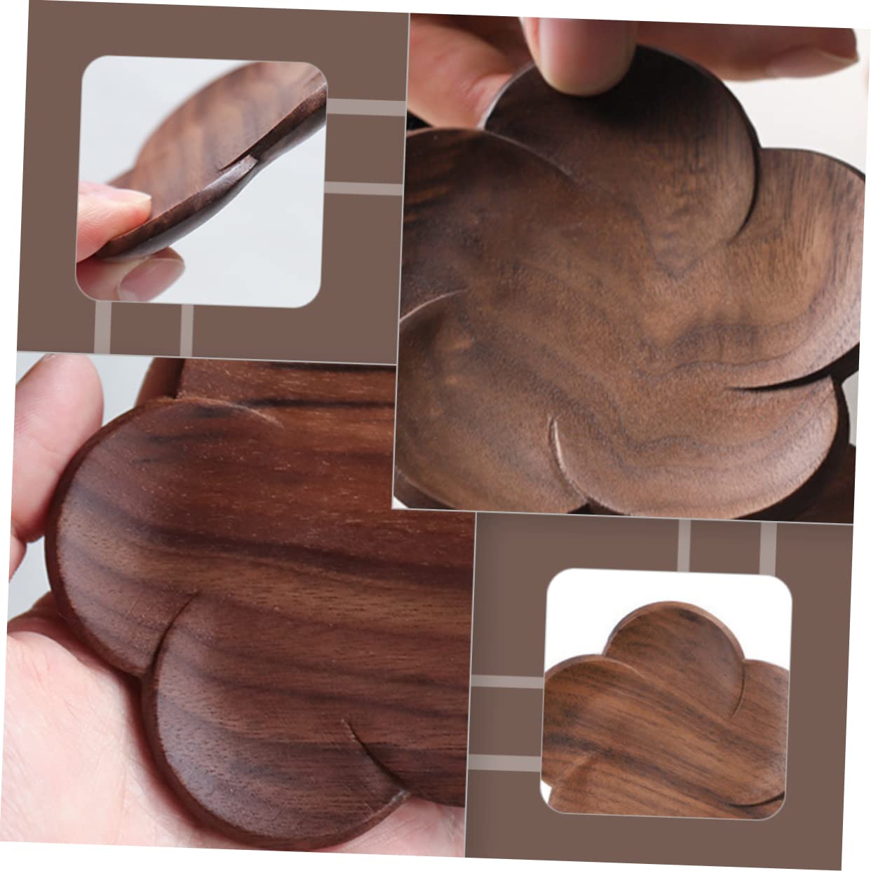 Posavasos de Madera de Nogal Negro Diseño de Pétalo, 4 Piezas | Marrón, para Taza Cerámica y Taza de Té, Estilo Decorativo Artístico, Protege la Encimera