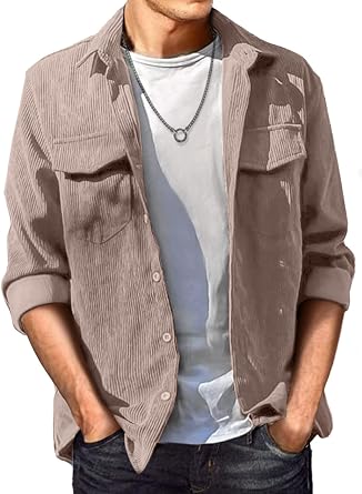 JMIERR Mens Corduroy Button Down Shirts Casual Long Sleeve Shacket Jacket with Flap Pockets