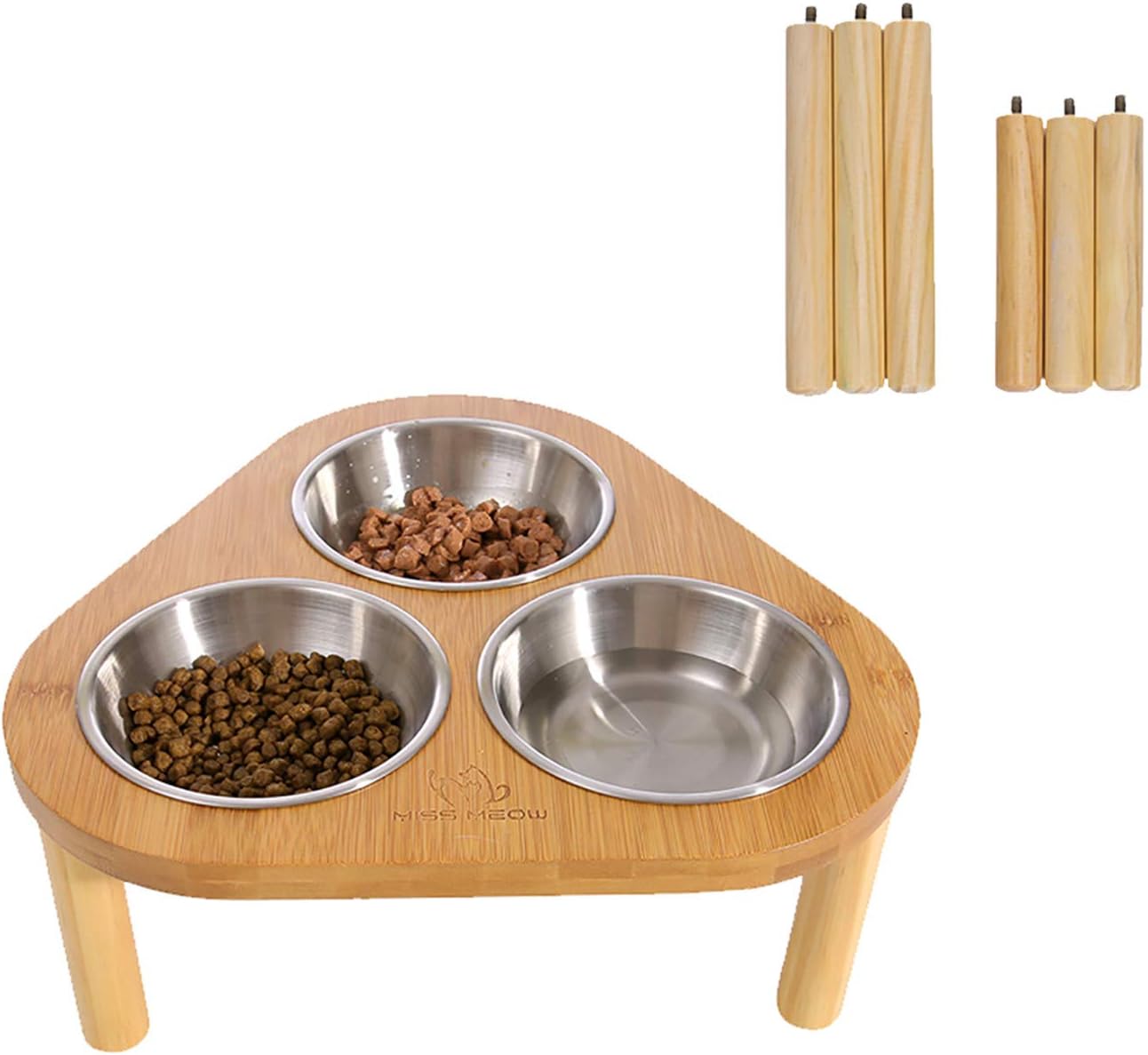 Miss Meow Raised Cat Bowls with Stand Feeder, Elevated Bamboo Stand with 3 Stainless Still Bowls and Removable Feet. (Stainless Still Bowls)