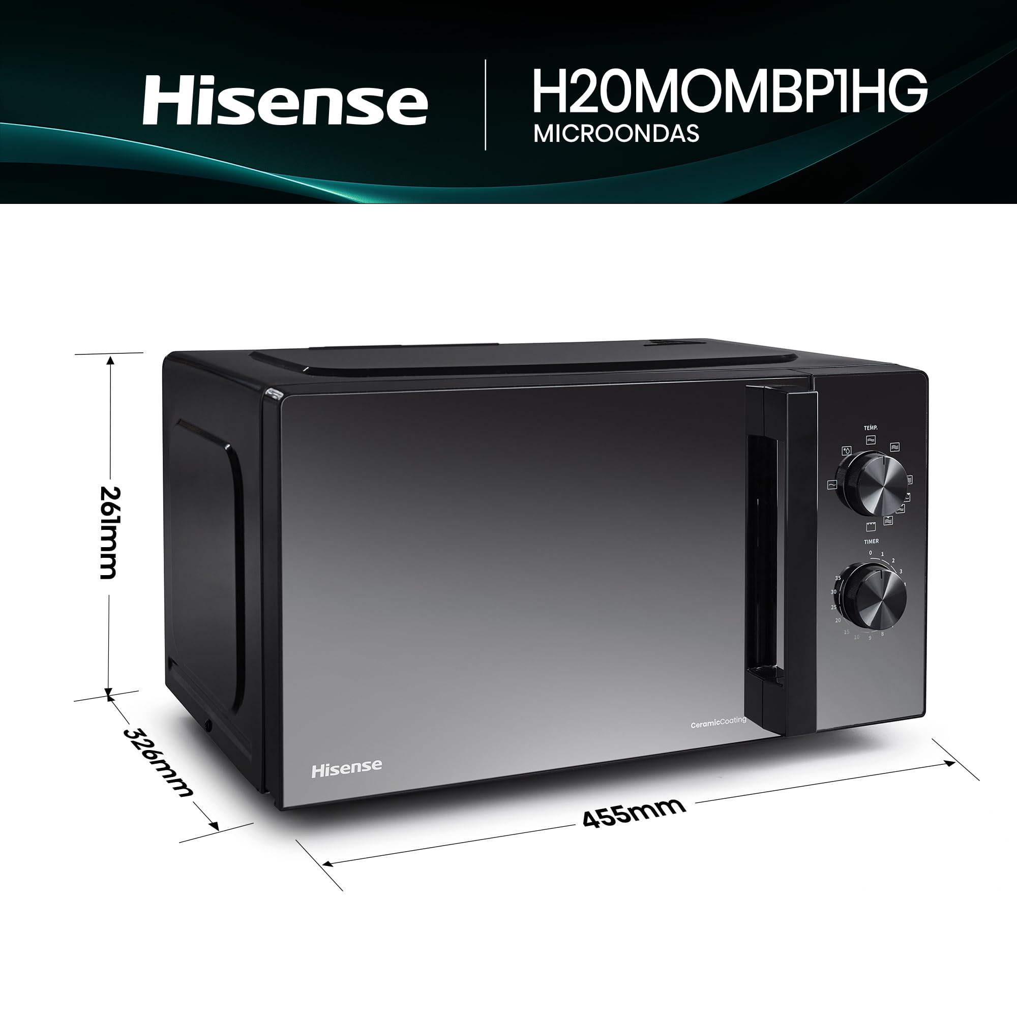 Hisense H20MOMBP1HG - Microondas con Grill 800W, 20L, Alto 32.6cm x Ancho 45.5cm, Color Negro, Potencia del Grill: 800 W, Revestimiento Cerámico, Cristal Premium, 5 Niveles de Potencia