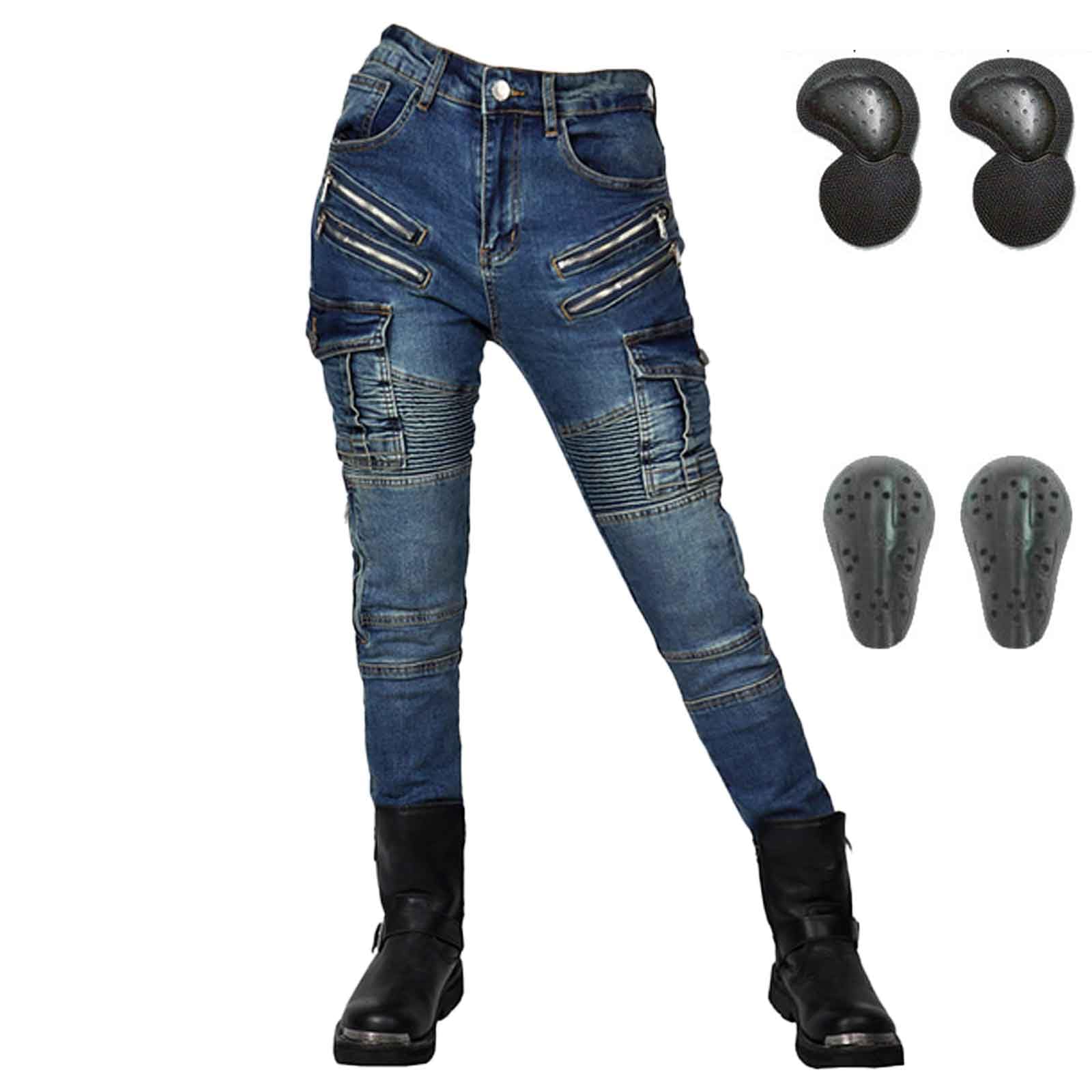 Donna Pantaloni da Moto Biker Jeans Protezione Motorcycle Pantaloni Rinforzato Slim Fit Armature Pants, 4 x Pad di Protezione (Blu,XXS)