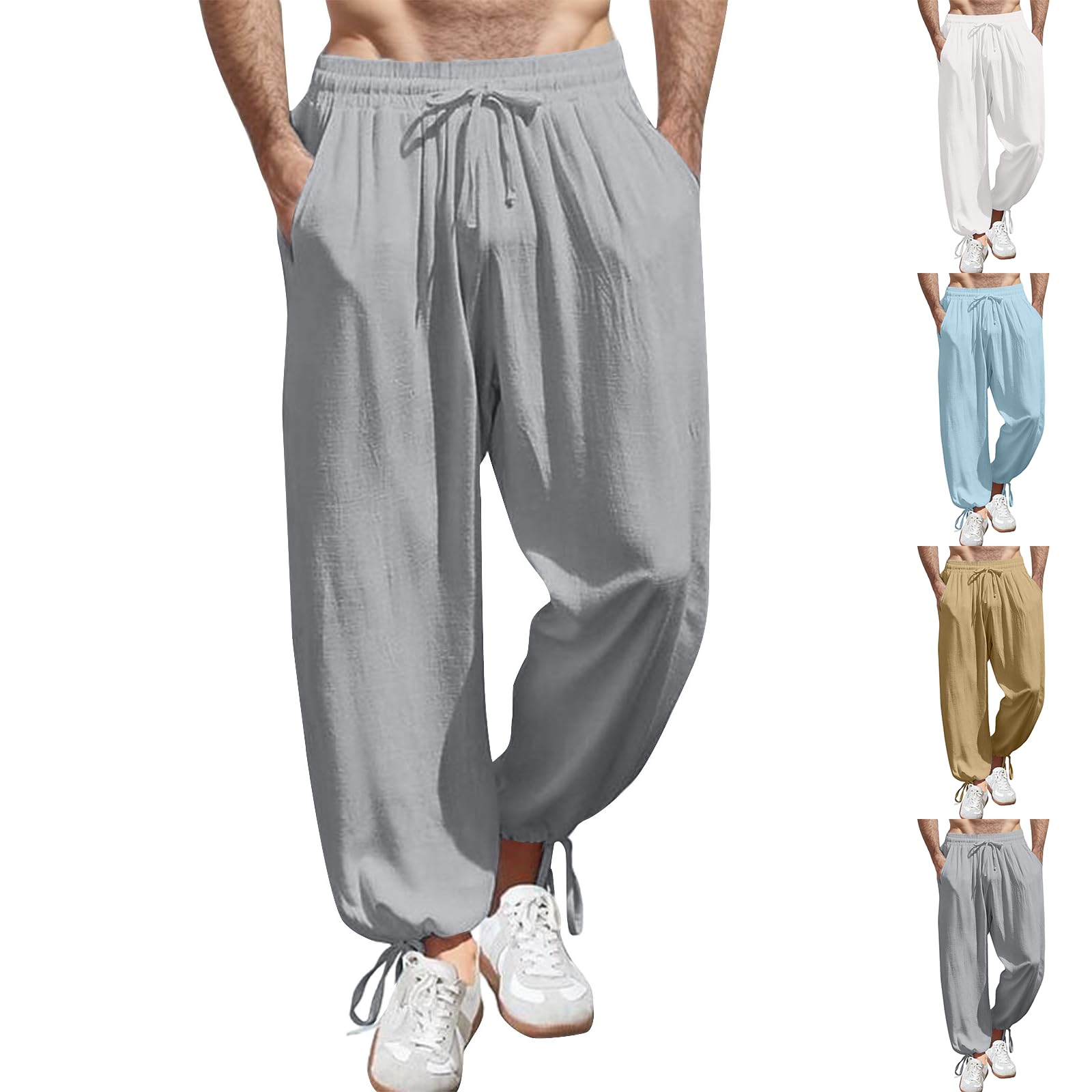 Linen Joggers Men Casual Summer Straight Leg Beach Pants with Pockets Loose Fit Drawstring Elastic Waist Yoga Pant Lightweight Breathable Travel Pant Baggy Wide Leg Trousers Mens Resort Wear