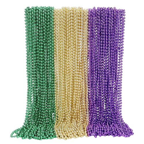 SWANUCKY 90 Pack 33" Gold Purple Green Mardi Gras Plastic Beaded Necklaces - Bulk Party Favors for Parade Throws, Costume Accessories, Summer Festivals & Daily Decor