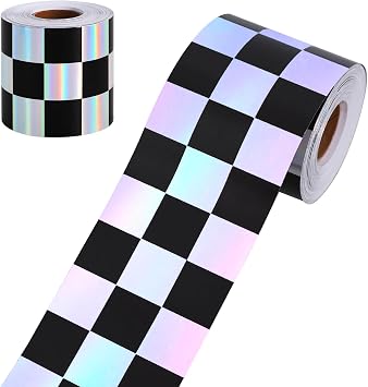 Vuzvuv 66 Ft 3In Black Checkered Flag Holographic Road Race Bulletin Board Border, 1 Roll of Straight Trim Border Back to School Decoration Stripe for School Classroom, Office & Home Decor