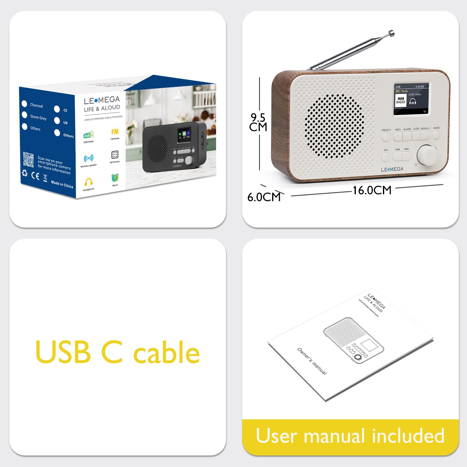 Radio Dab+ Portable avec Bluetooth | Batterie Rechargeable 15 Heures ou Alimentation Secteur | Ecran Couleur Petite Radio Dab avec réveil | Radio FM, 40 présélections, Prise Casque | LEMEGA Dab GO
