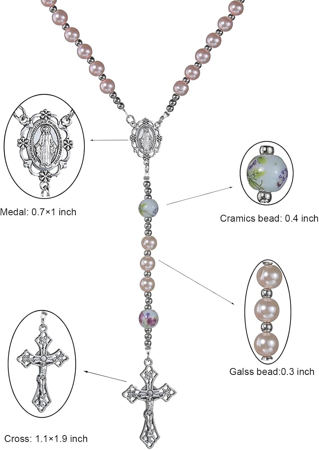 8mm Purple Pearl Beads Catholic Rosary Glass Beaded Acrylic String Necklace White Ceramics Bead Rosary Miraculous Medal Crucifix Cross Gift for Women Girls - Image 3