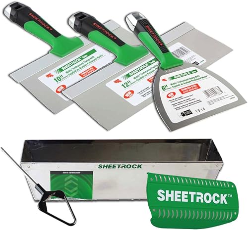 USG Sheetrock Juego de cuchillos de cinta para paneles de yeso Matrix con bandeja de barro, agarre magnético y mini mezclador de lodo