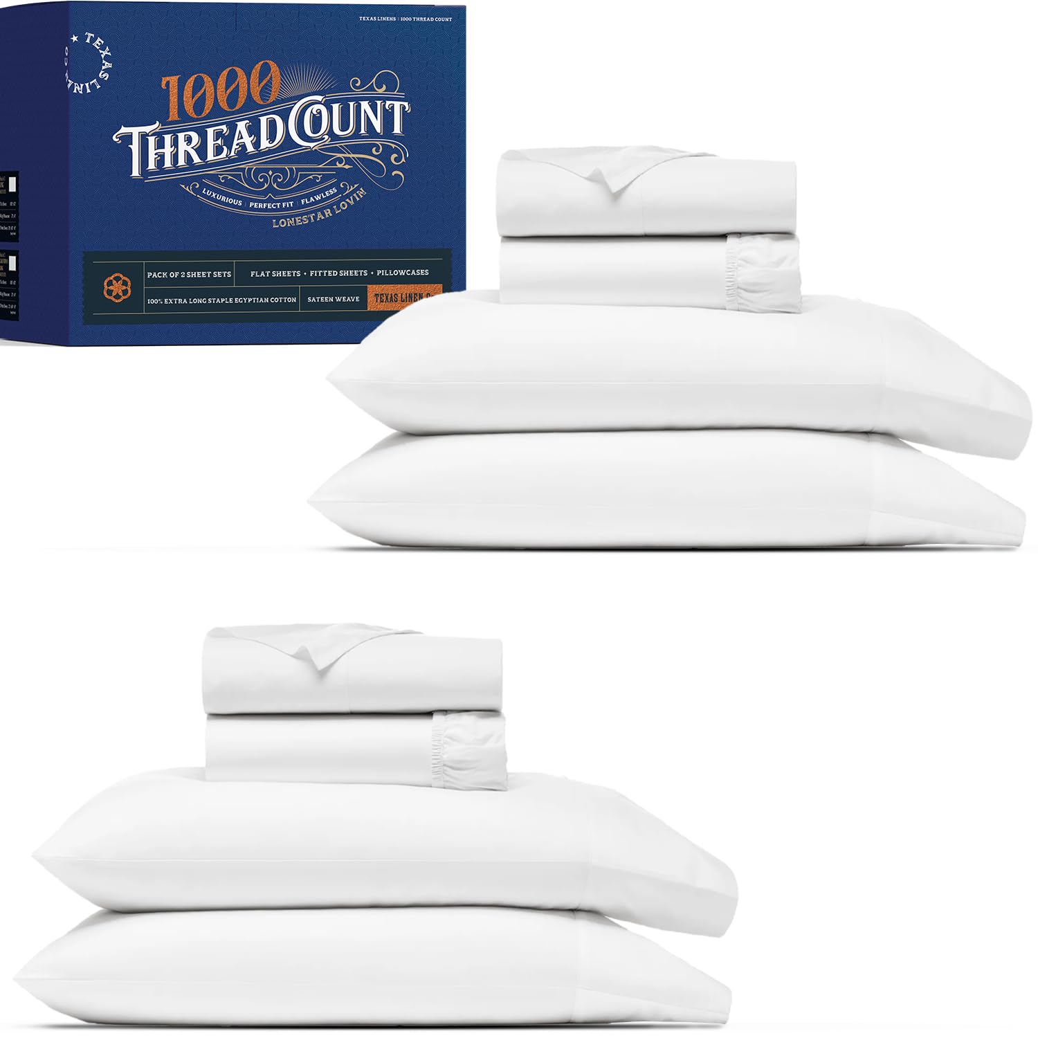 TEXAS LINEN CO 100 Egyptian Cotton Sheets Queen Size Set of 2 - Luxury High Thread Count Egyptian