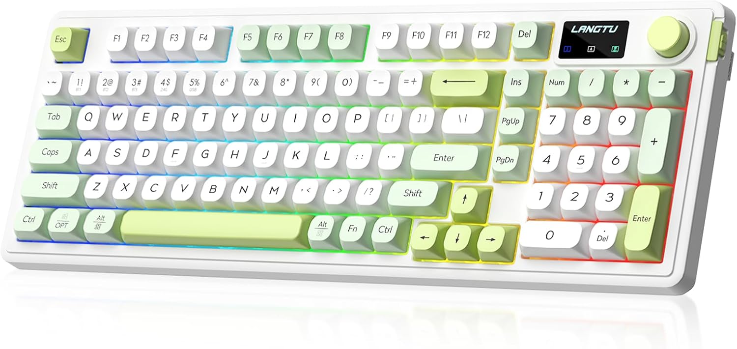 L98 Wireless Gaming Keyboard Green Cute Creamy Keyboard with Number Pad, Tri-Mode BT5.0/2.4GHz/USB-C, RGB Backlit, Quiet Office Computer Keyboards for PC Mac Laptop (Green White)