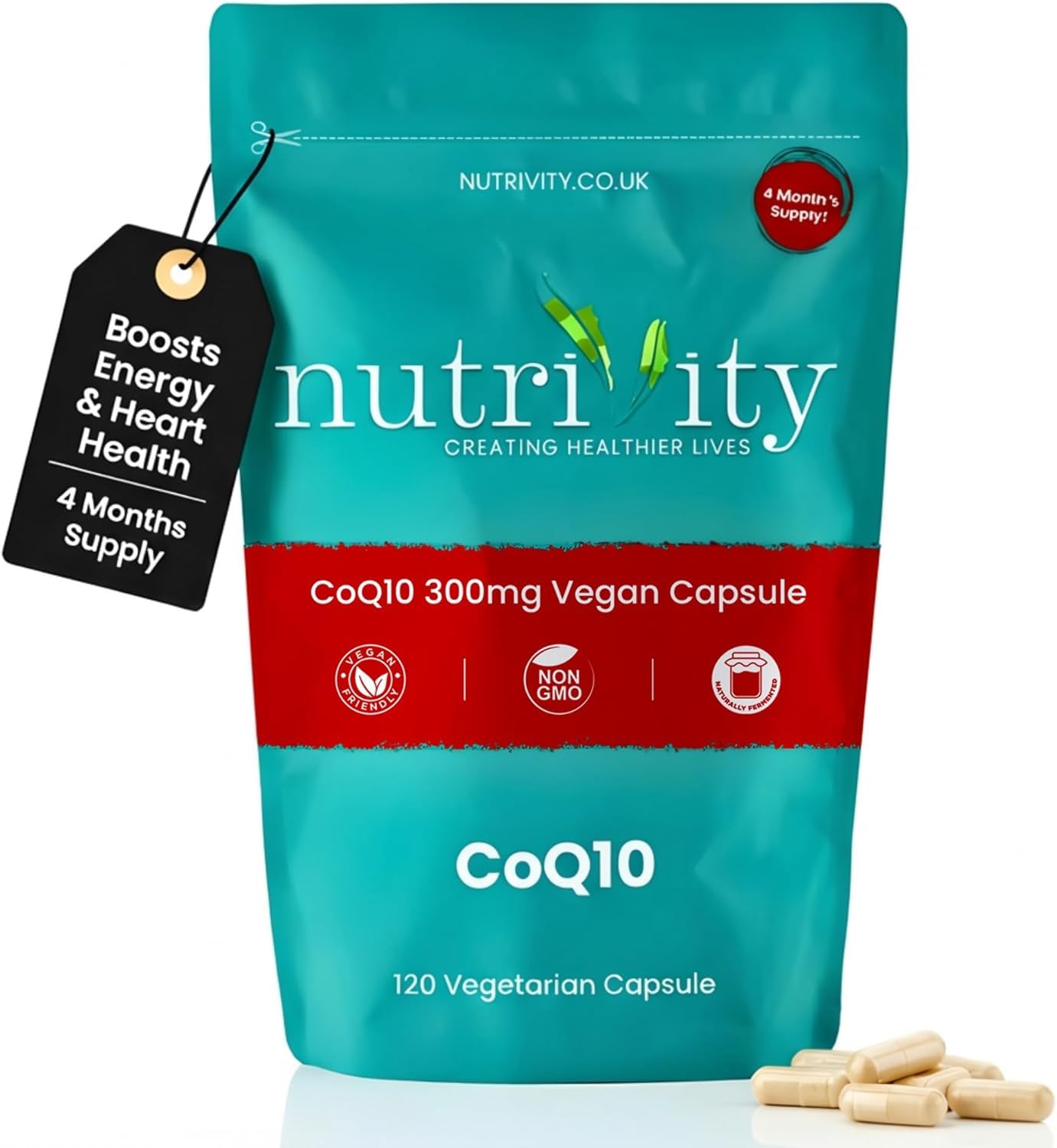 Ubiquinone CoQ10 Supplements 300mg, 120 High-Strength Naturally Fermented Coenzymes Q10 Capsules, High Absorption Antioxidant Supplement Immune Support & Reduce Headaches, UK Made by Nutrivity