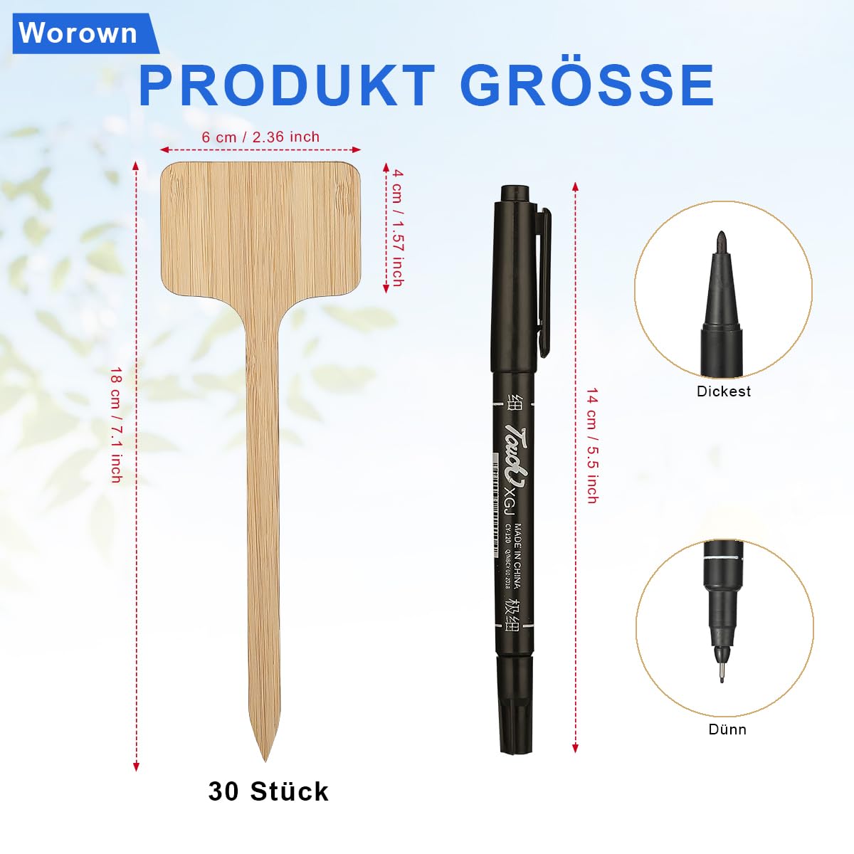Worown 30 Stück Umweltfreundliche Pflanzenschilder aus Bambus, Extra lange T-förmiges, Langlebiges Pflanzschilder Holz mit Schwarzer Wasserfest Markerstift (H:18cm x W:6cm)
