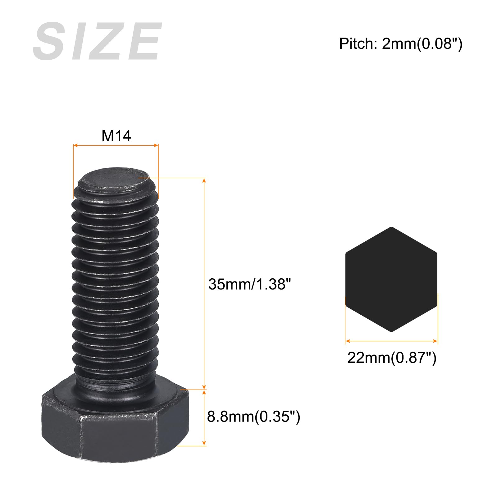 METALLIXITY Hex Bolts (M14-2x35mm) 4Pcs, 8.8 Grade Carbon Steel Fully Threaded Black Oxide - Image 2