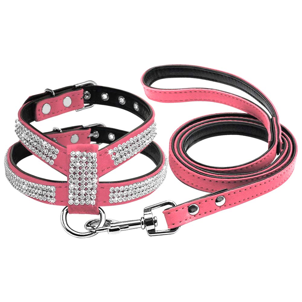 Lightweight Soft Bling Rhinestone Dog Harness Diamante Suede Leather Cat Puppy Kitten Harness Leash Set For Small Medium Dog (Color : Light Pink, Size : B)