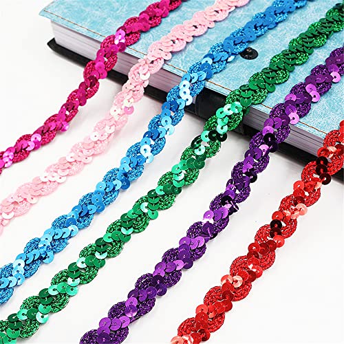 5 Meters 1.5cm Sparkly Sequins Fabric Trim Elastic Sequin Ribbon Trim Bling Stretch Trim Glitter Mesh Shiny Sewing Paillette Ribbon Lace Band for Halloween Mermaid Dress Headband Costume (C-Pink) - Image 4