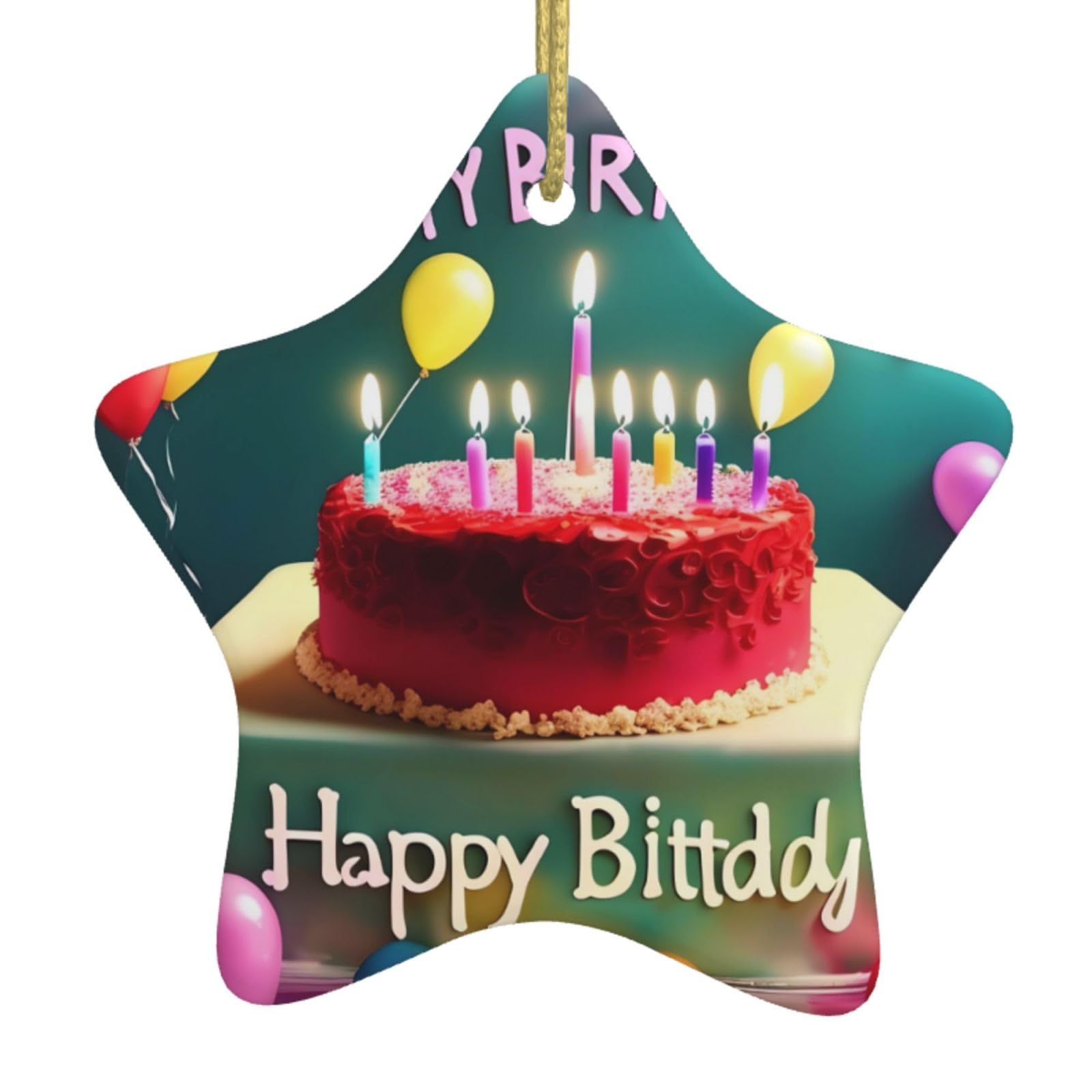 Happy Birthday Beautiful Christmas Ceramic Star Pendant with Punched Holes and Gold Wire Rope, Christmas Tree Home Decoration