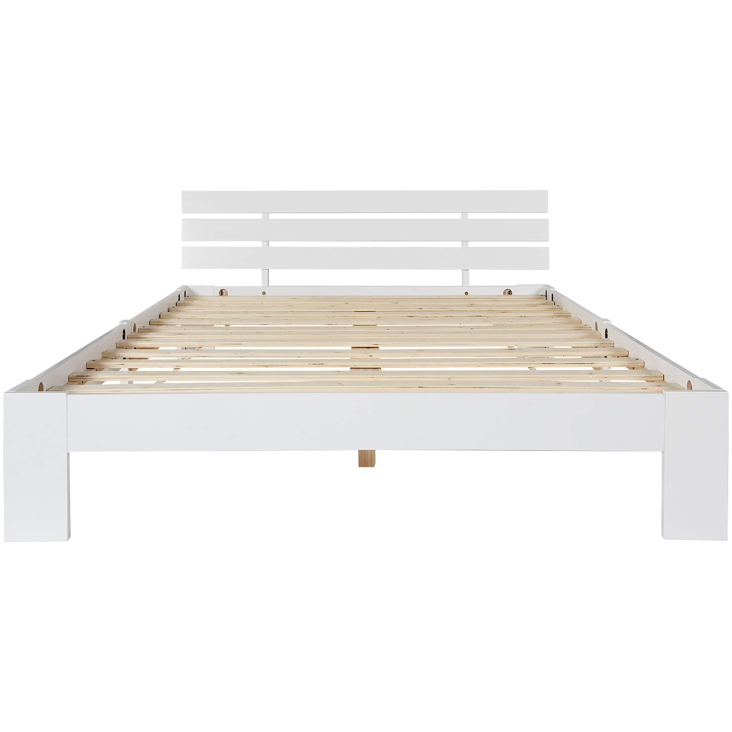 Merax Letto in legno massiccio, letto matrimoniale, telaio in legno con testiera e rete a doghe, 140 x 200 cm, supporto per doghe in legno, spazio sotto il letto, mobili per camera da letto, bianco