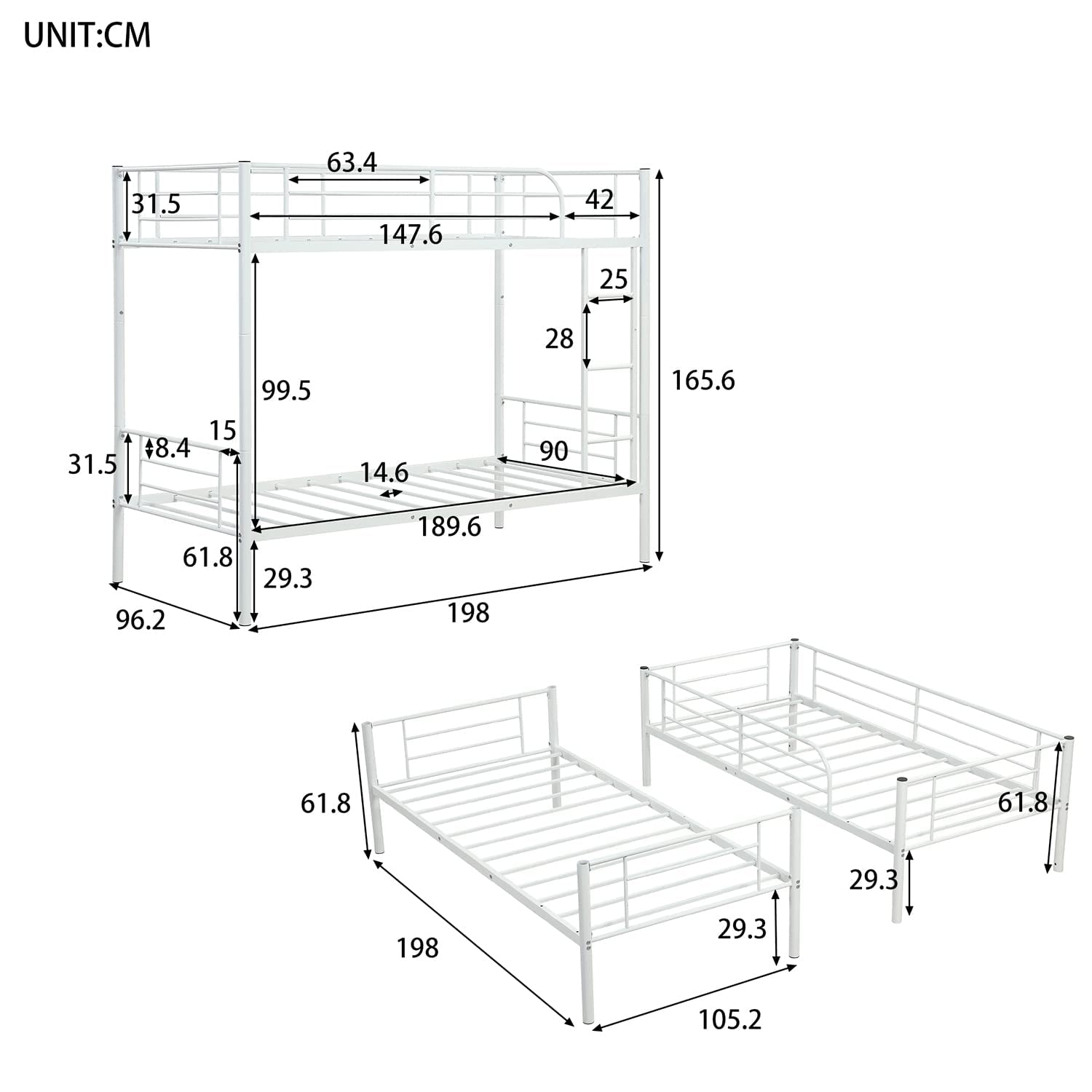 The Bunk Bed Metal Bed Frame, with Sturdy Slats, Ladder and Safety
