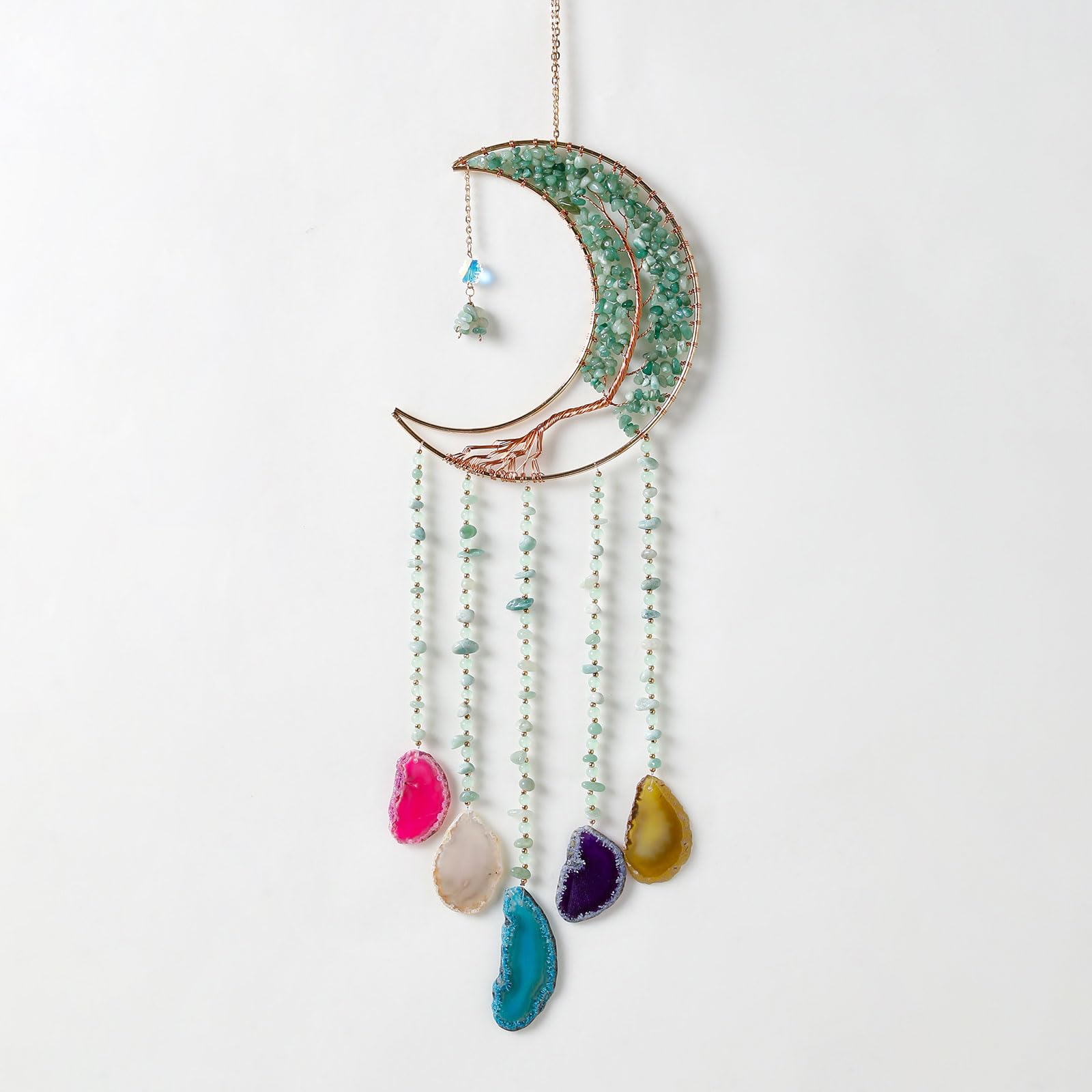 Agate Gemstone Dream Catcher 7 Chakra Tree of Life Dream Catcher with Rainbow Crystal Stones Handmade Dreamcatcher Wall Decor for Adults Boys Girls,Bedroom,Wedding,Garden,Bless Gift(Green Moon)