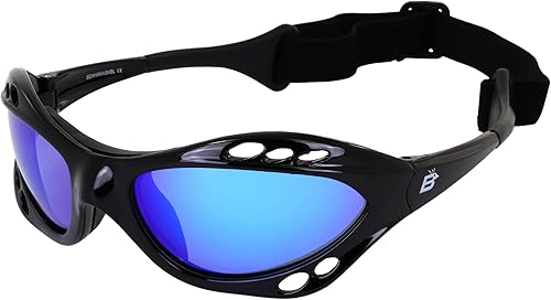 Birdz Seahawk - Lentes de sol polarizados flotantes acolchados con correa integrada marco negro y lente de espejo azul ReflecTech polarizado