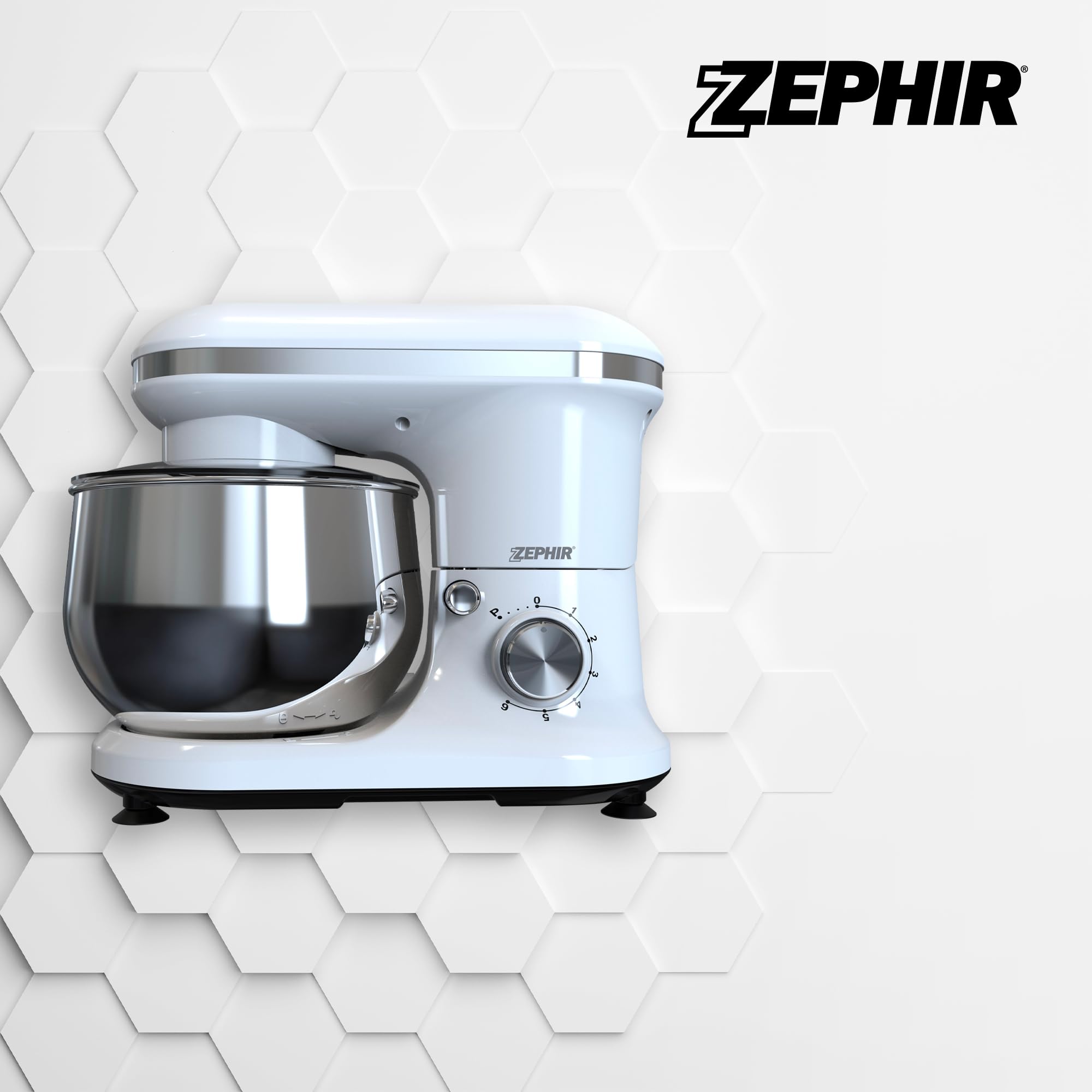 Zephir Impastatrice Deluxe 1000W con Ciotola in Acciaio 5,0L, 6 Velocità + Pulse, Accessori Inclusi, Ingranaggi in Acciaio, Corpo in ABS