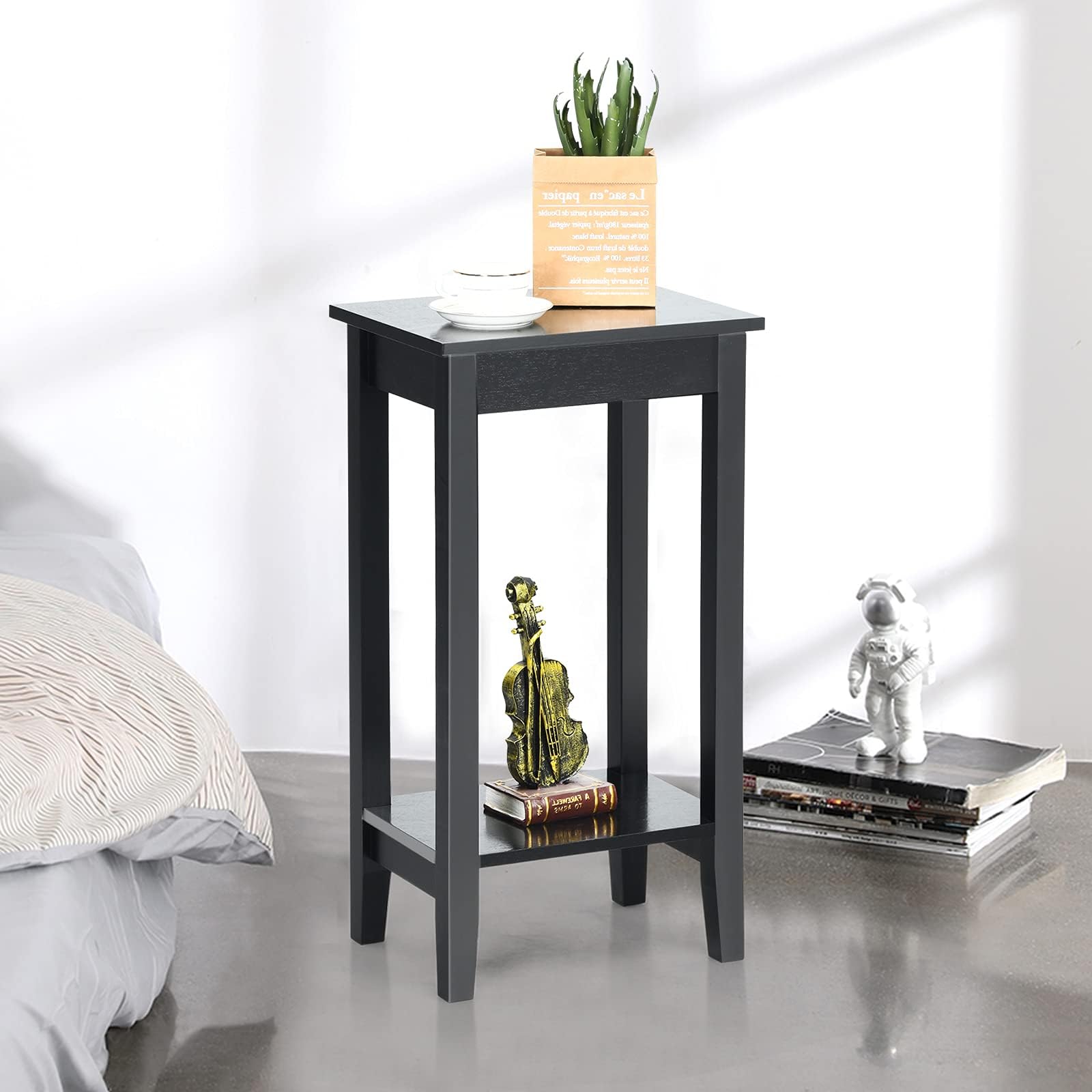 LIFEZEAL Beistelltisch 74cm Hoch, Telefontisch Sofatisch mit Ablage, Ablagetisch aus Massivholz, Holztisch Blumenhocker für Wohnzimmer, Schlafzimmer, Flur, 39,5 x 29,5 x 74 cm (1, Schwarz)