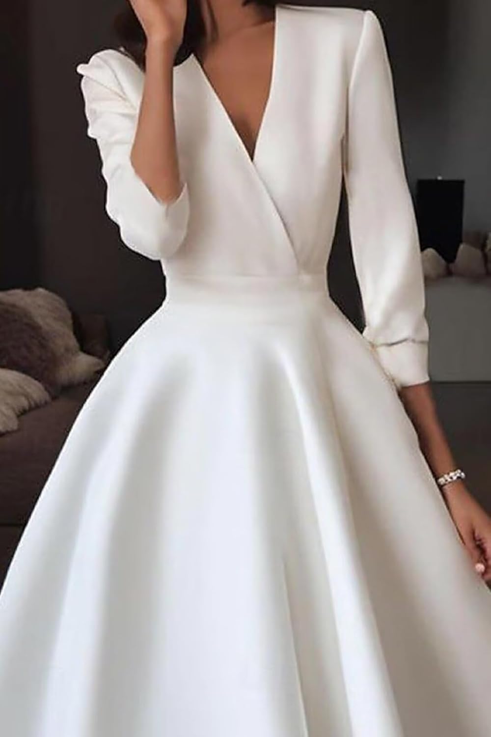 Half Sleeve Tea Length Wedding Guest Dresses for Women Elegant Satin A Line Midi Evening Dress - Image 5