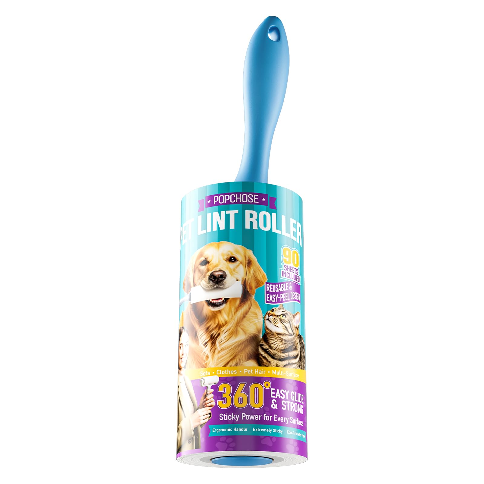 POPCHOSE Lint Roller for Pet Hair Extra Sticky, 90 Sheets with 1 Handles