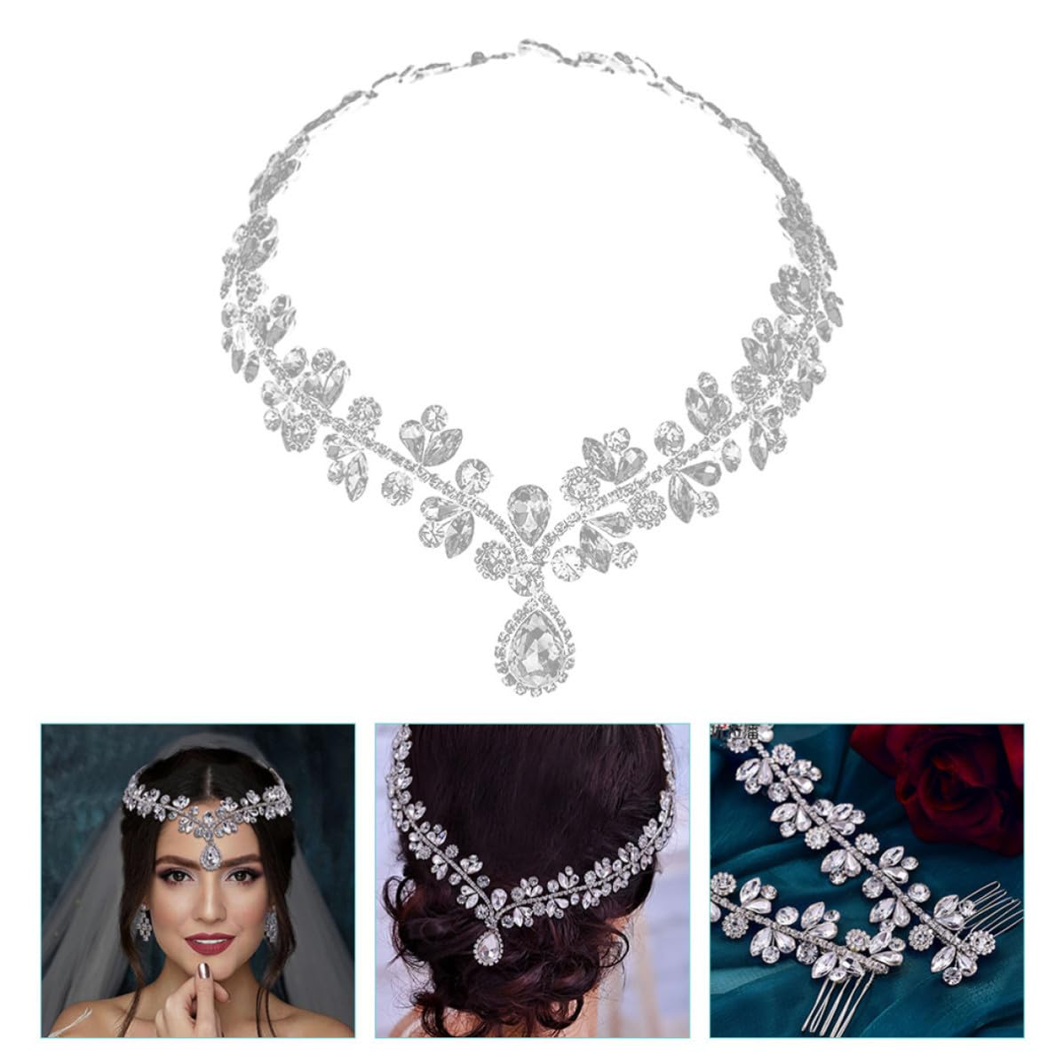 Gatuida Bridal Hair Accessories Rhinestone Headpiece for Women Wedding Headband with Alloy Material and Easy to Fix Design, Elegant Silver Beaded Forehead Chain for Wedding or Party